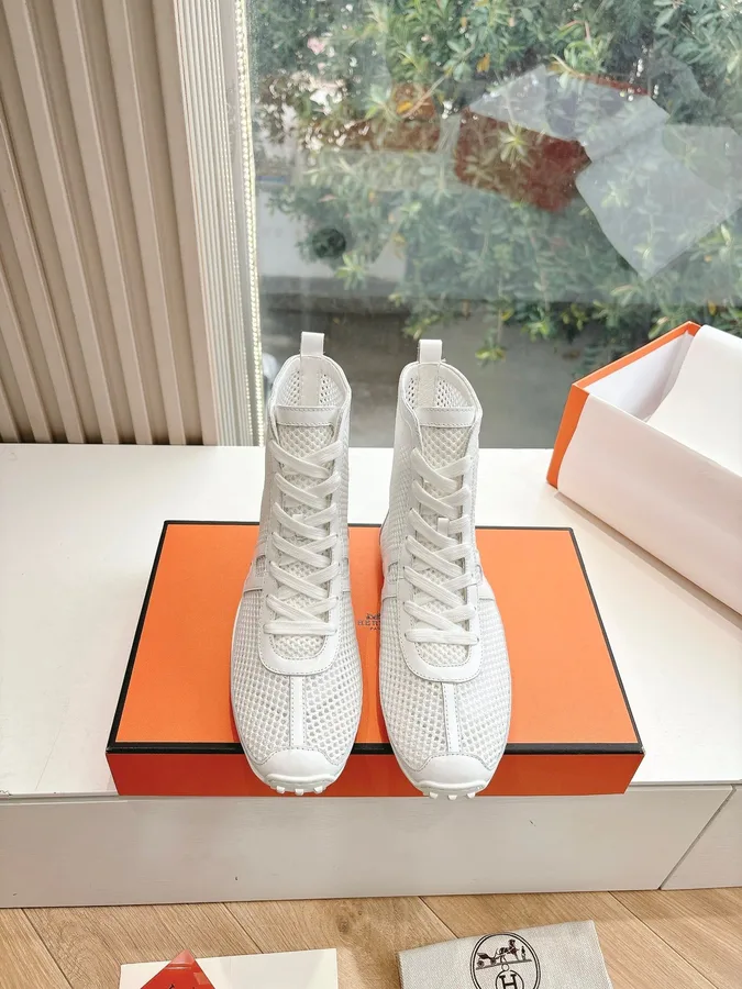 Hermes Women White Mesh Leather Sneakers
