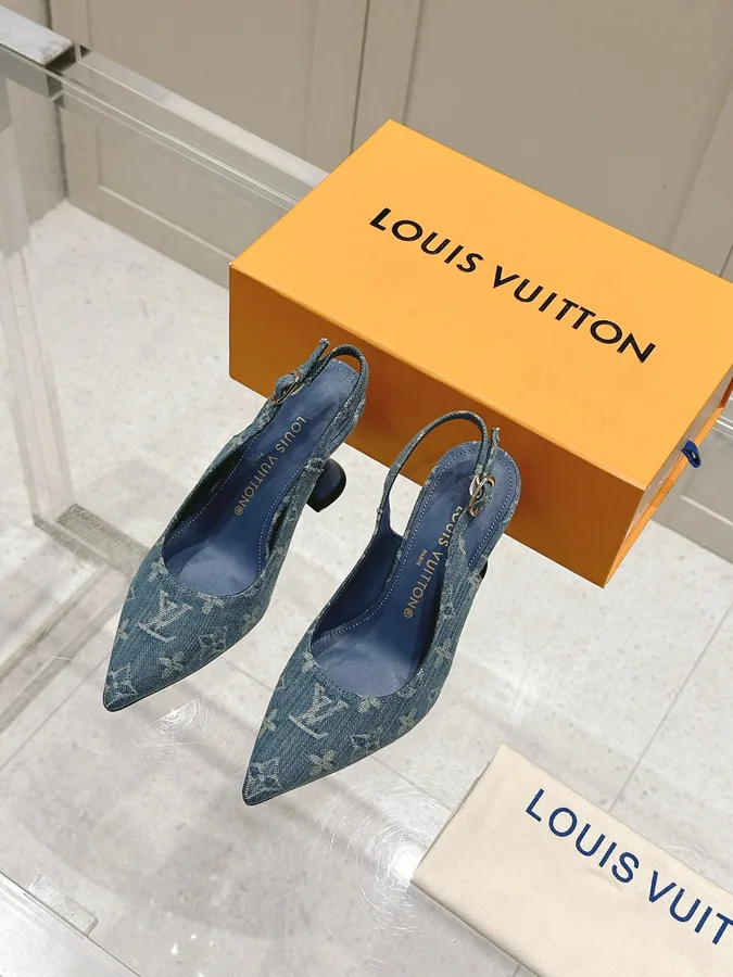 LV Women Blue Denim Leather Trim Slingback Heels