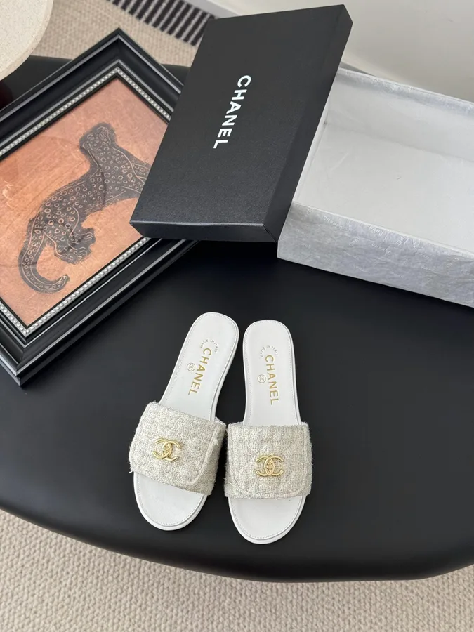Chanel Women Beige Tweed Slides