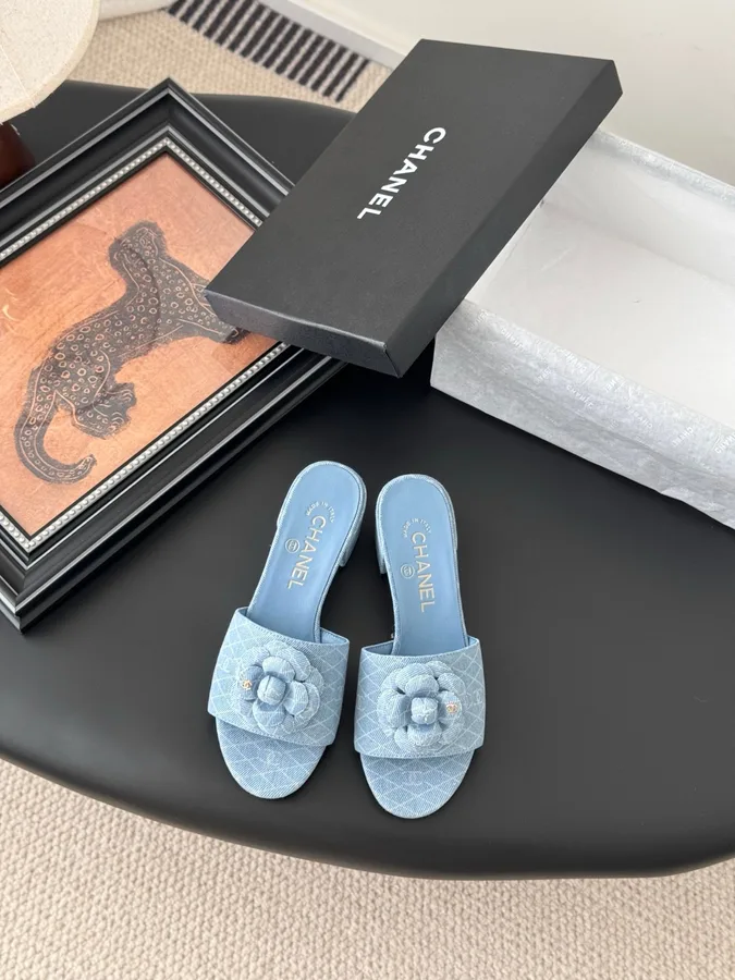 Chanel Women Light Blue Fabric Floral Slide Sandals