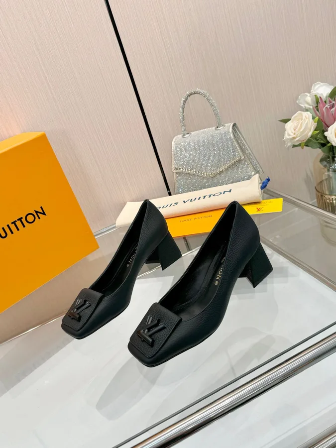 LV Women Black Leather Heels