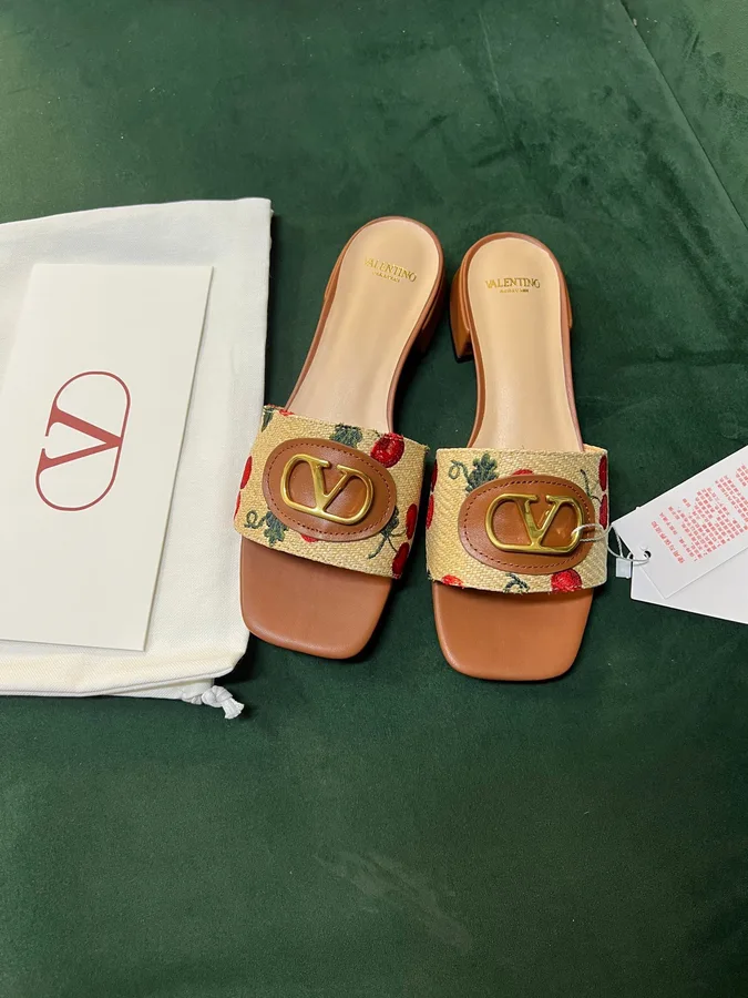Valentino Women Brown Leather Canvas Floral Mules