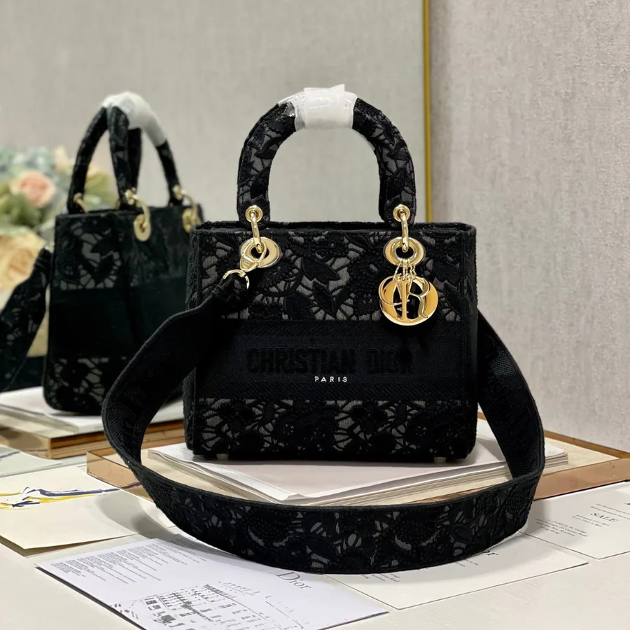 Christian Dior Medium Lady D-Lite bag in black lace embroidery
