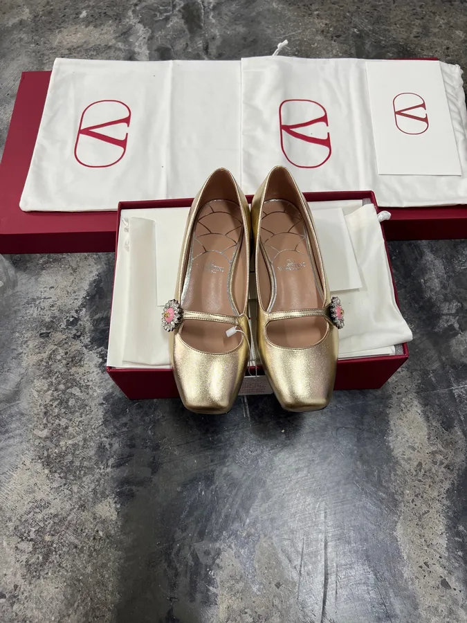 Valentino Women Gold Leather Embellished Flats