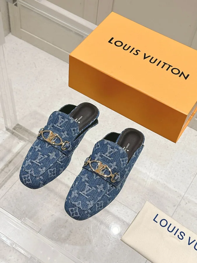 LV Women Blue Denim Leather Mules