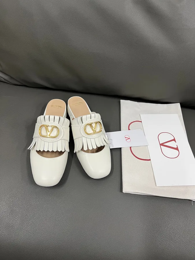 Valentino Women White Leather Fringe Mules