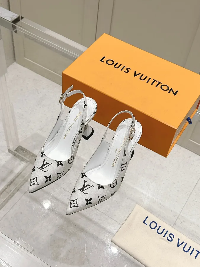 LV Women White Leather Monogram Slingback Heels
