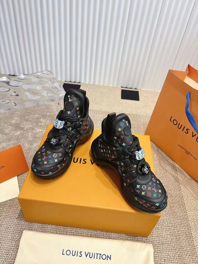 LV Women Black Leather Multicolor Logo Sneakers