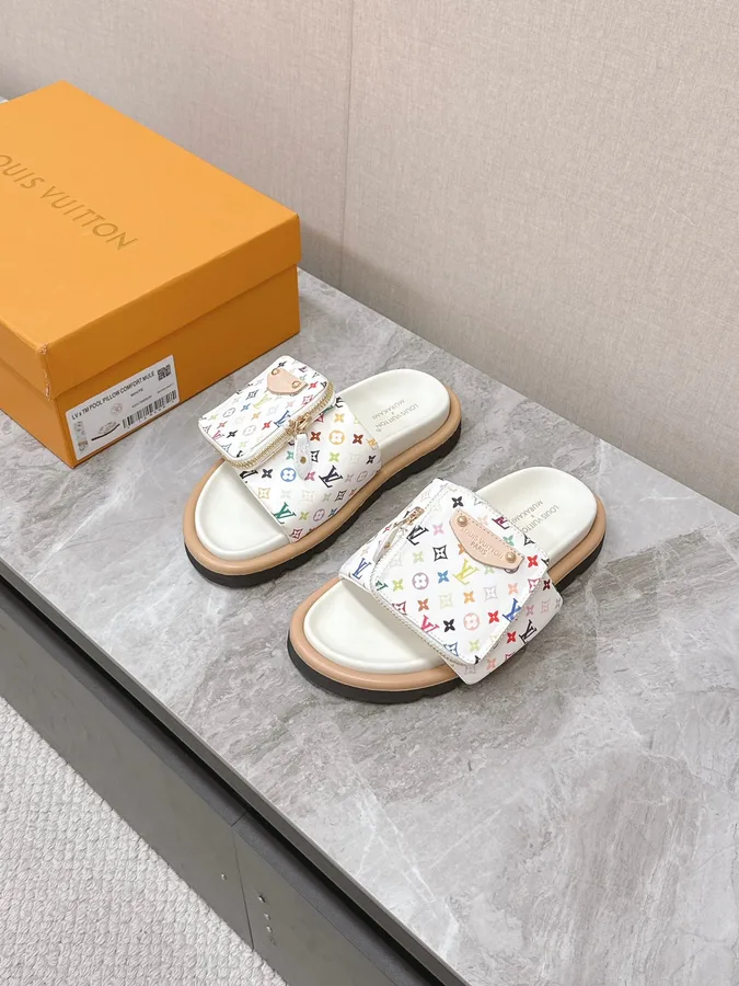 LV Women White Leather Multicolor Logo Mules