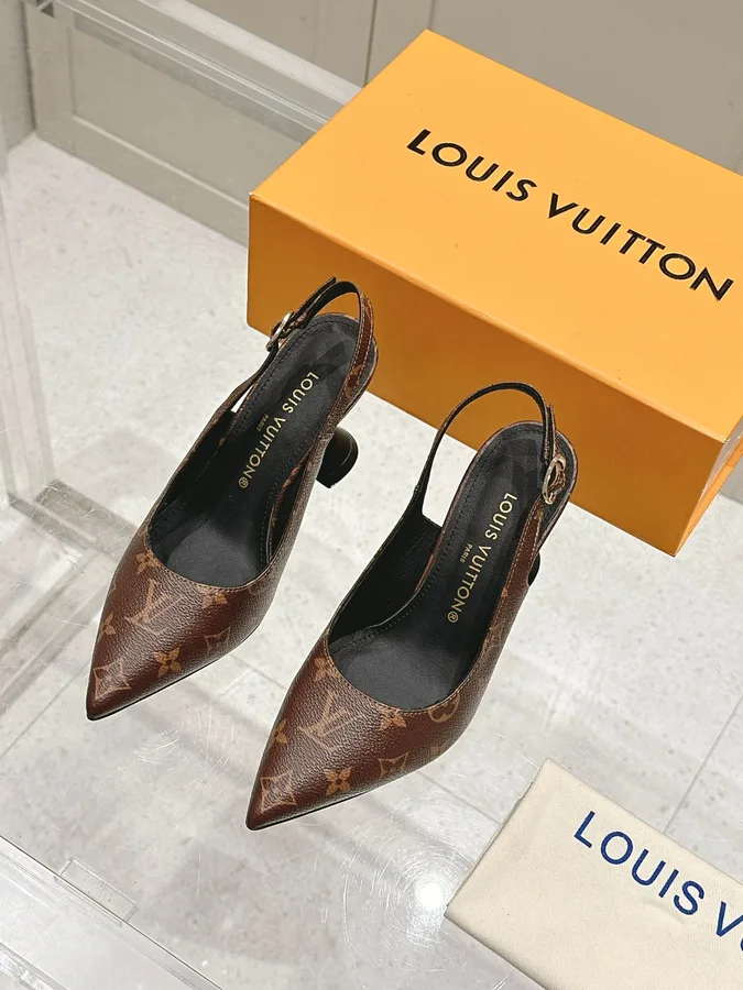 LV Women Brown Leather Patterned Slingback Heels