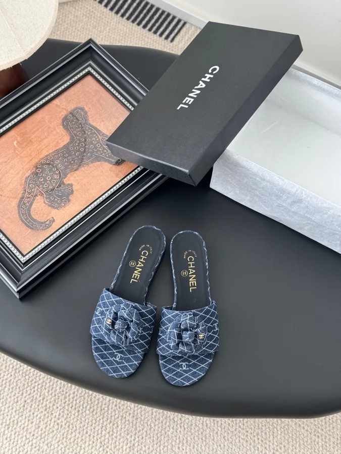 Chanel Women Blue Denim Mules Flats