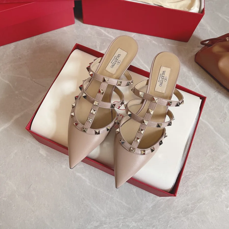 Valentino Women Beige Leather Studded Mules