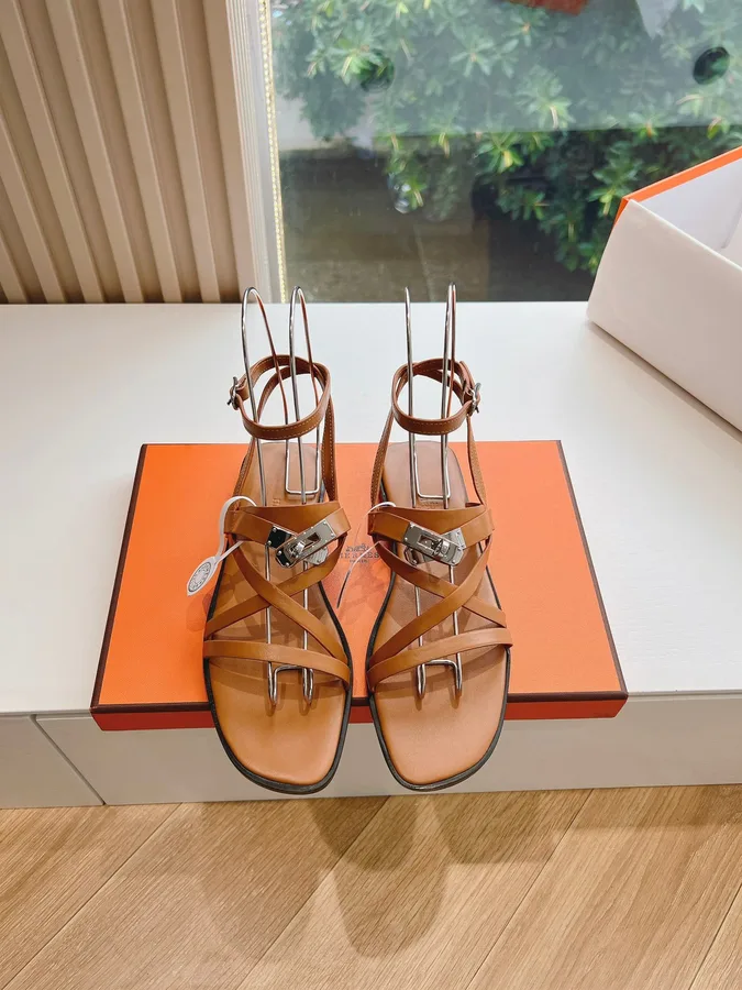 Hermes Women Tan Leather Strappy Sandals