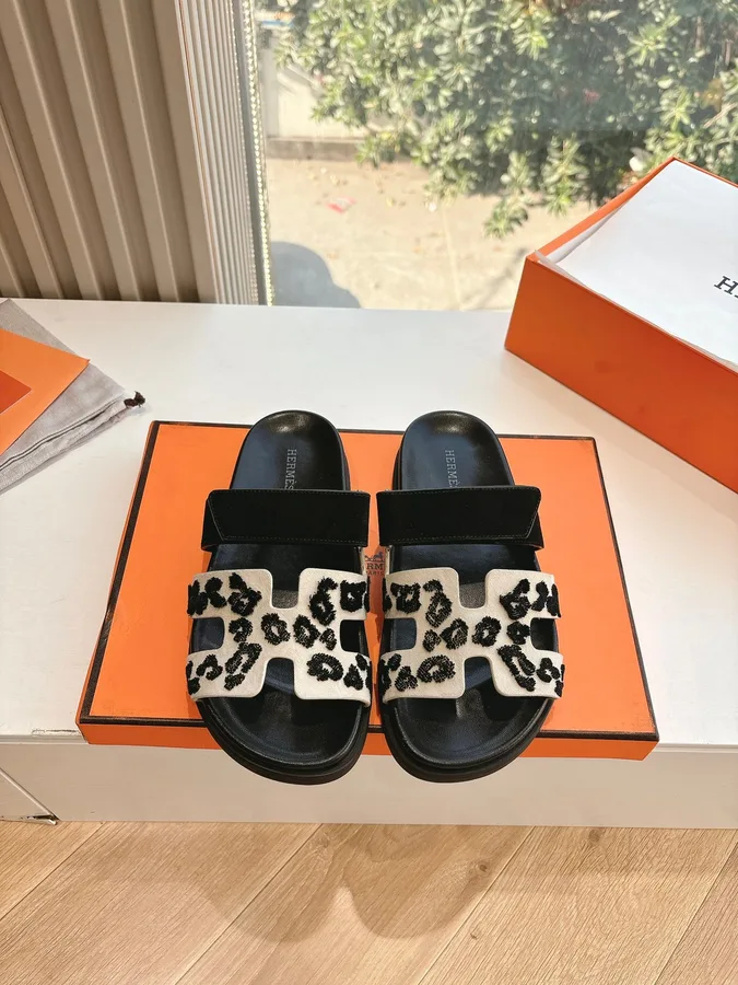 Hermes Women Black Suede And Leopard Print Sandals