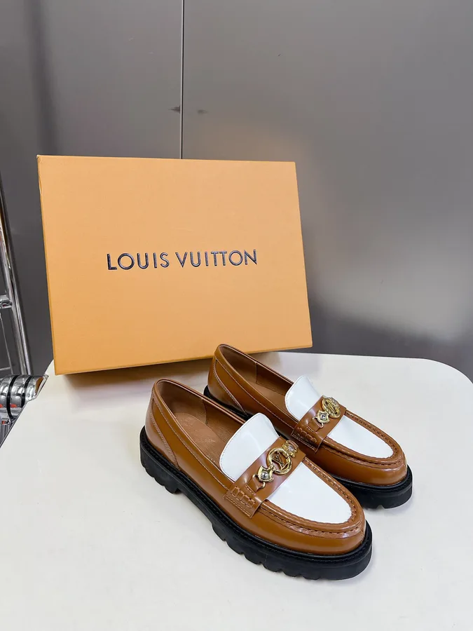 LV Women Brown White Leather Loafers