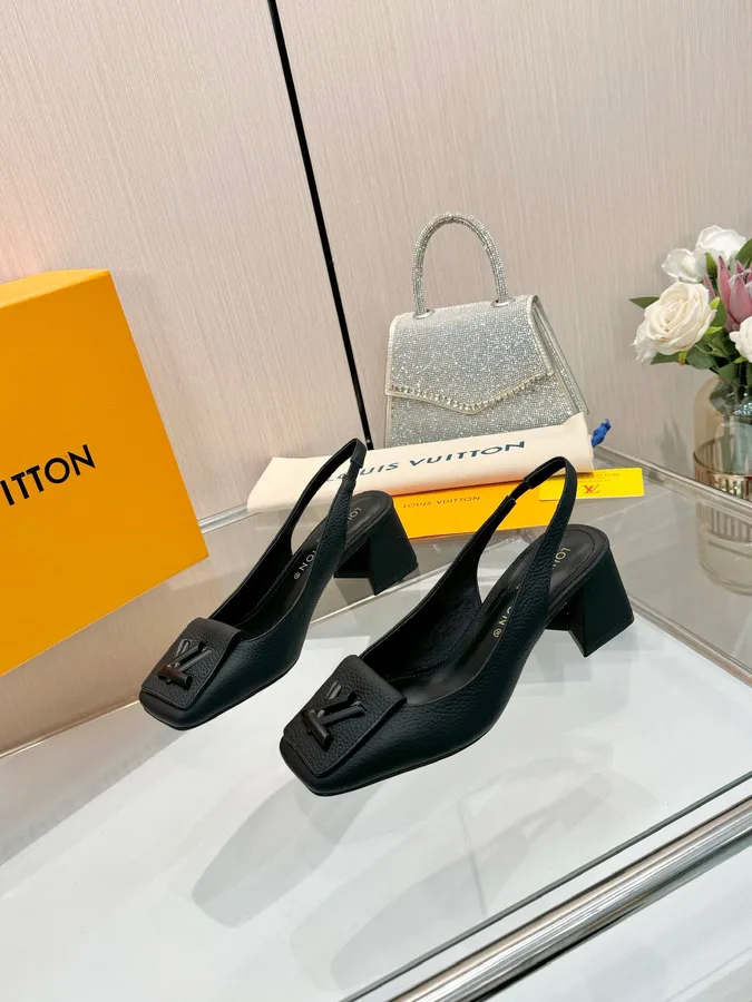 LV Women Black Leather Slingback Heels