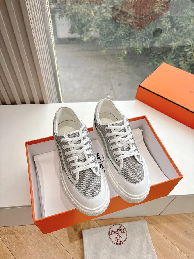Hermes Women White Gray Mesh Canvas Sneakers