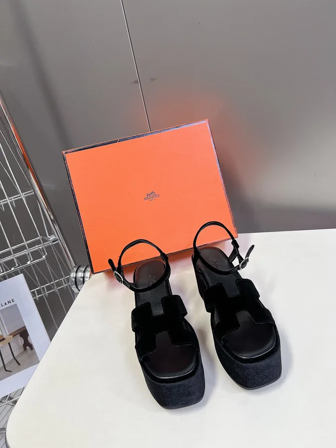 Hermes Women Black Suede Leather Sandals