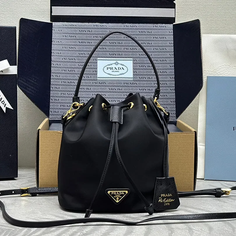 Bucket Bag 19 in Black Re-nylon and Calfskin Handle