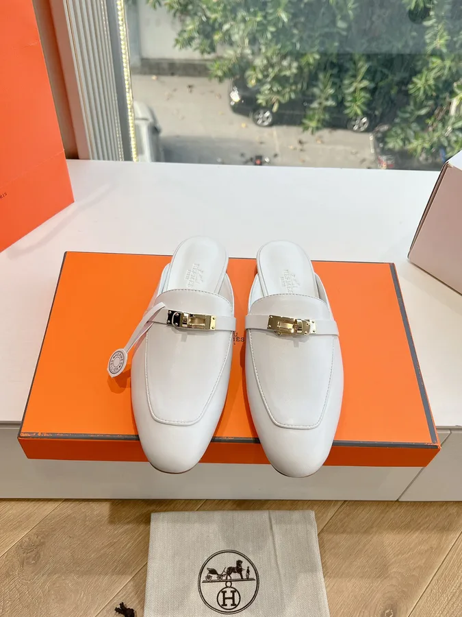 Hermes Women White Leather Mules