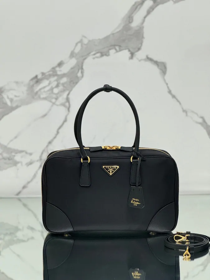 Large Top Handle Bag 35 in Black Nylon and Calfskin Trim