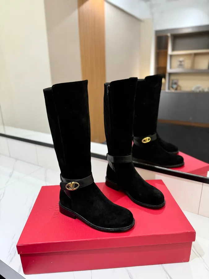 Valentino Women Black Suede Leather Strap Boots