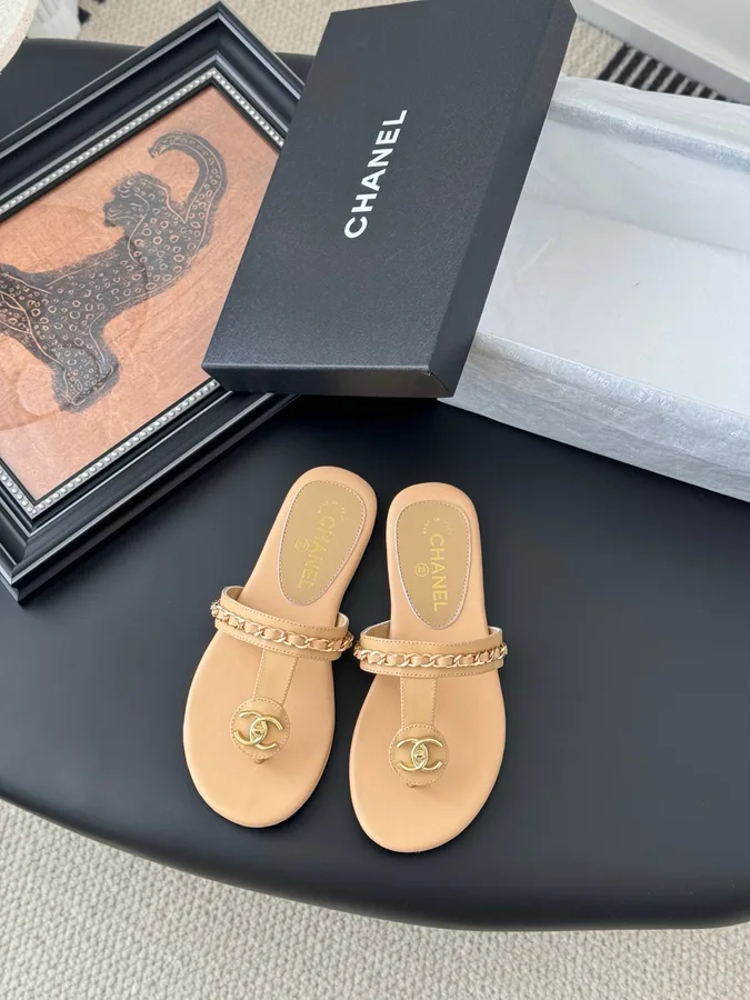 Chanel Women Beige Leather Slides
