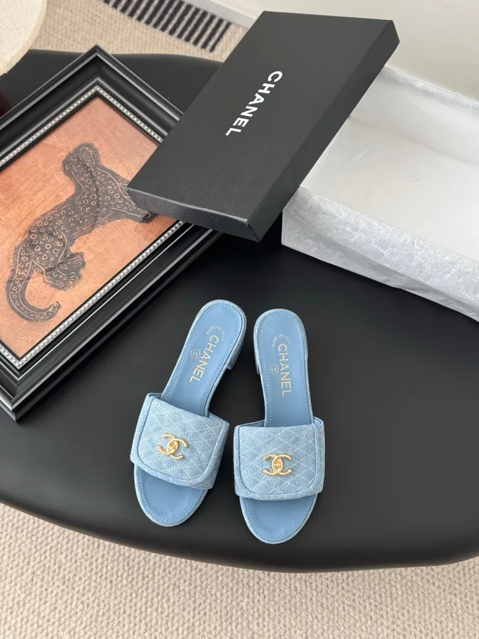 Chanel Women Light Blue Quilted Fabric Slides