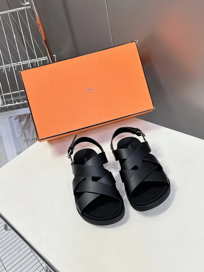 Hermes Women Black Leather Strappy Sandals