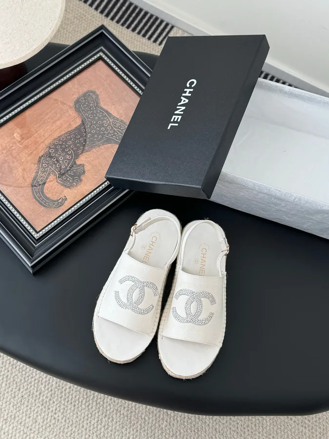 Chanel Women White Canvas Espadrille Sandals