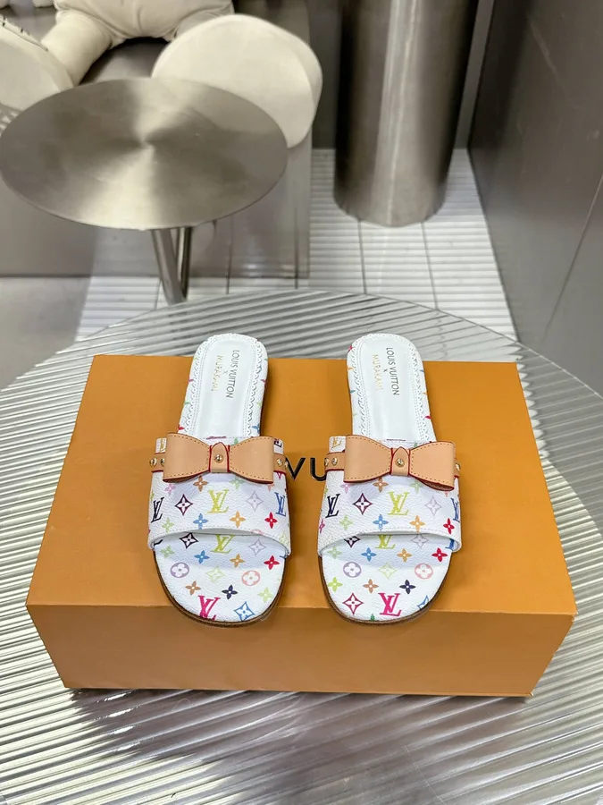 LV Women White Leather Multicolor Monogram Mules