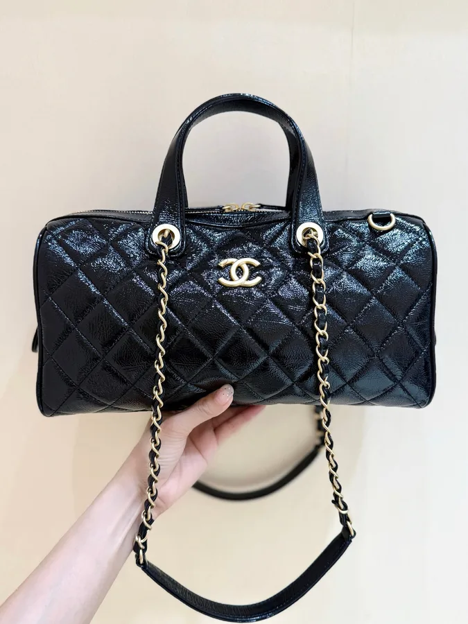 Chanel 25K Bowling Bag in Black Caviar Leather Gold Hardware