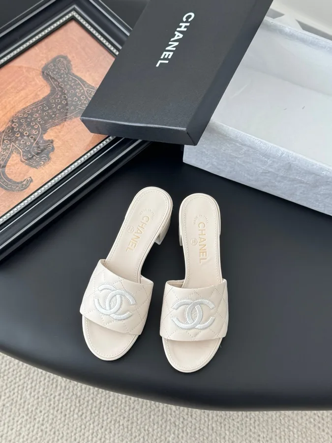 Chanel Women Ivory Quilted Leather Mules