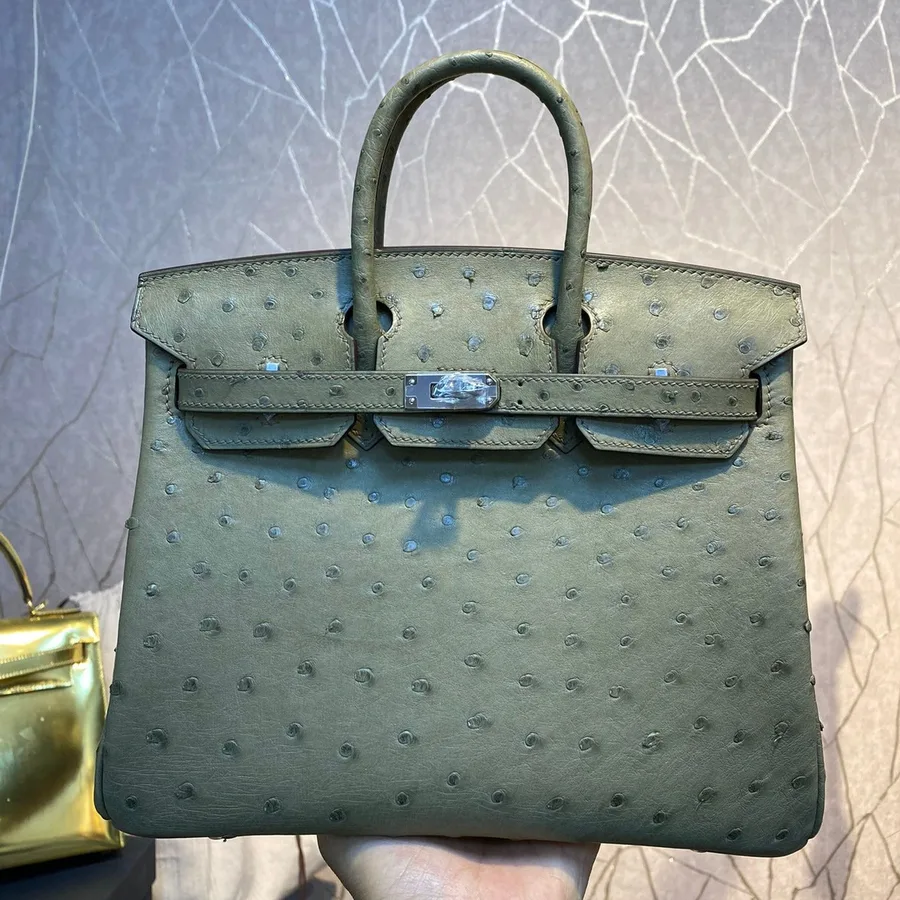 HN 30cm Khaki Ostrich Leather Silver Hardware