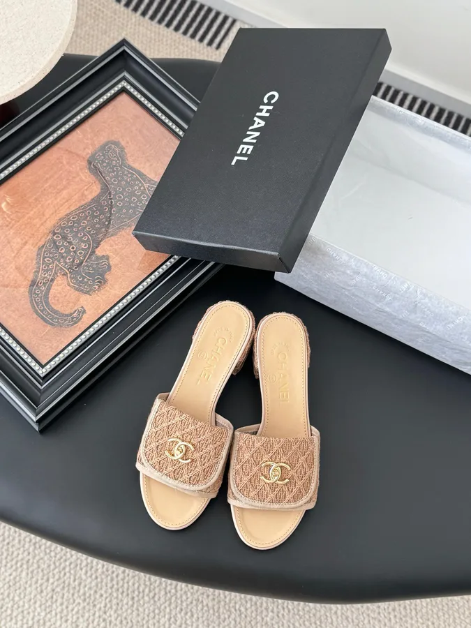Chanel Women Beige Fabric Mules Slides