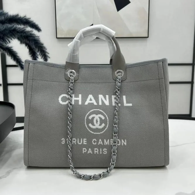 Chanel CC Deauville Large 38 Tote Bag in Grey Canvas with White Logo