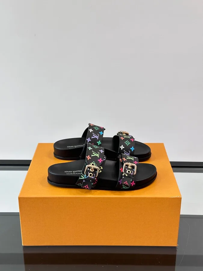 LV Men Black Leather Multicolor Monogram Slides