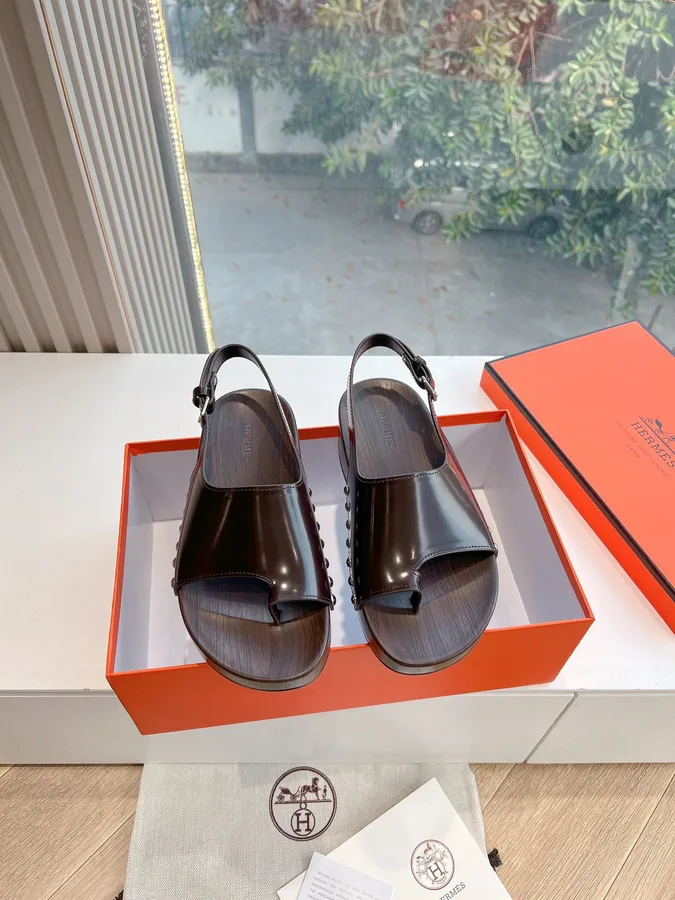 Hermes Women Dark Brown Leather Slingback Sandals