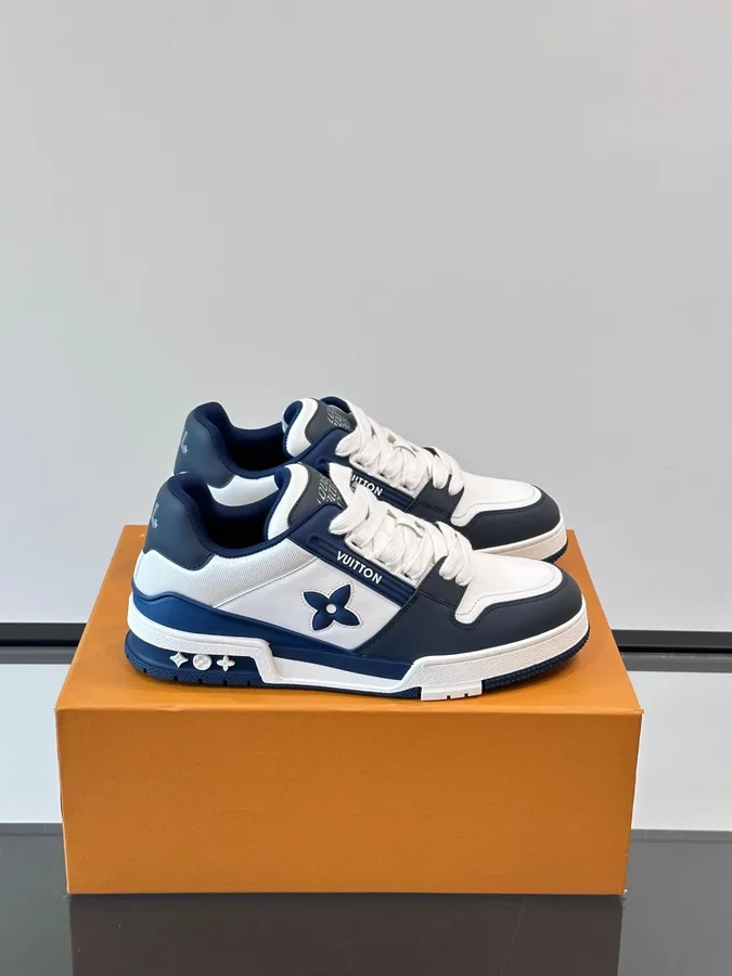 LV Men White And Navy Leather Sneakers