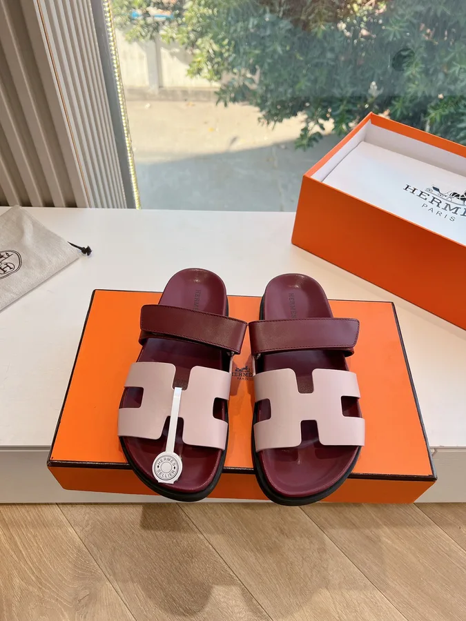 Hermes Women Burgundy Leather Pink Accent Sandals