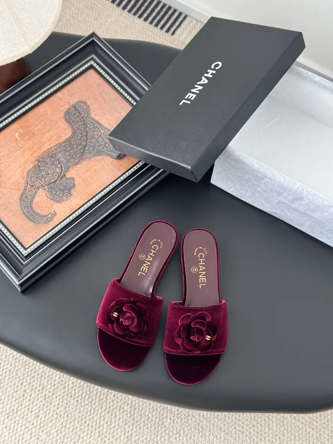 Chanel Women Burgundy Velvet Slides