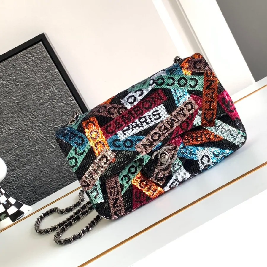 Chanel Mini Pastel Rainbow Sequin Like Auth Handbag 20x14x7cm