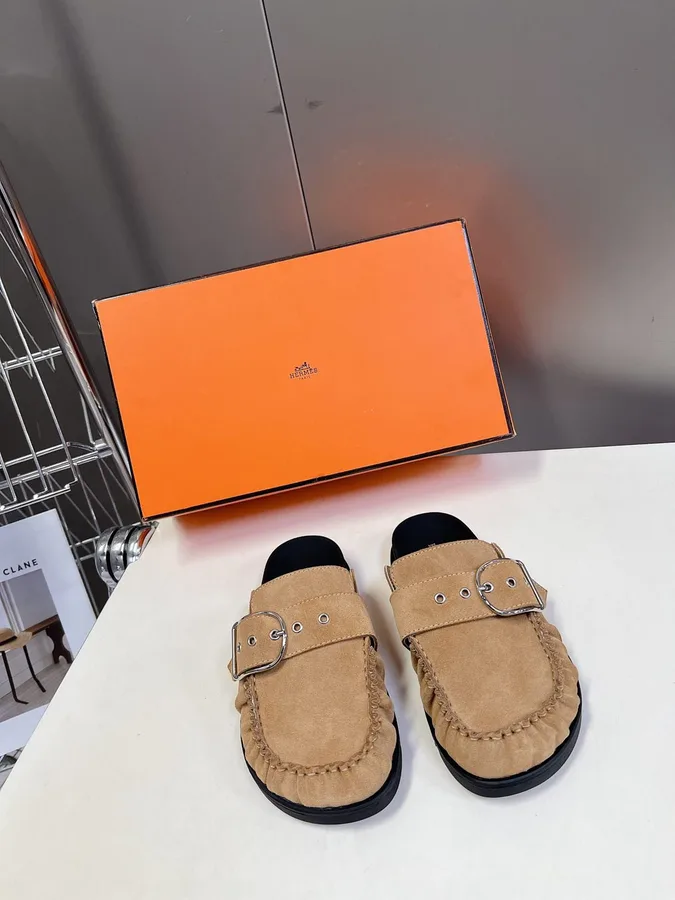 Hermes Women Beige Suede Buckle Mules