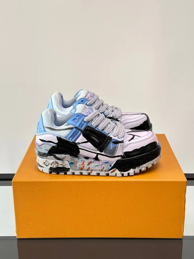 LV Men Black White Blue Leather Sneakers