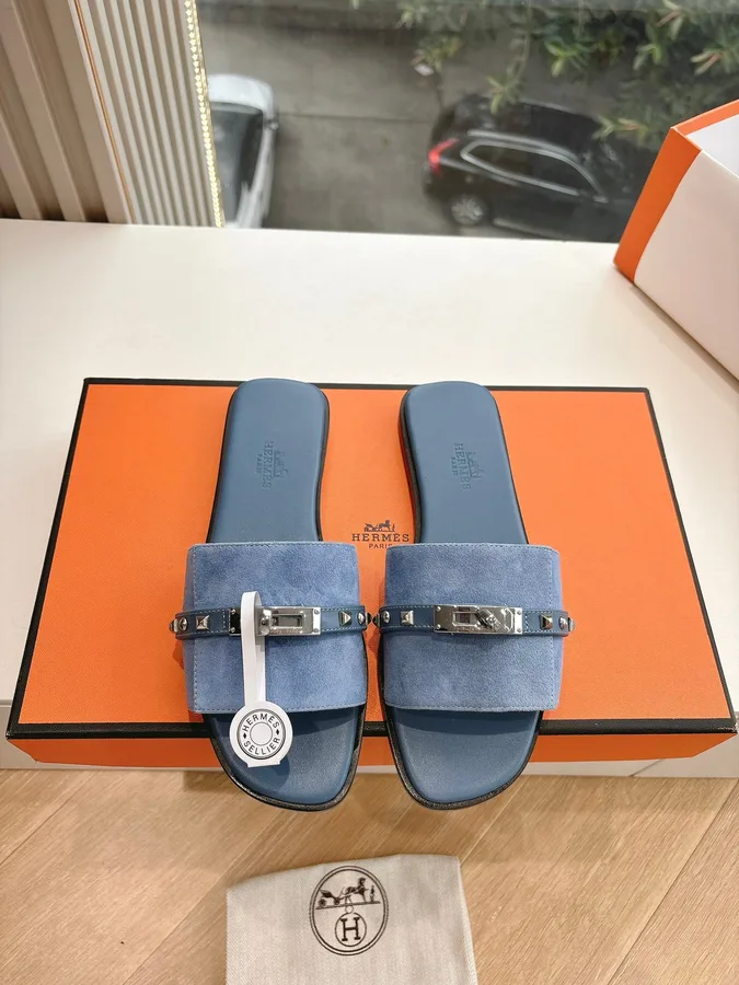 Hermes Women Blue Suede Flat Slide Sandals