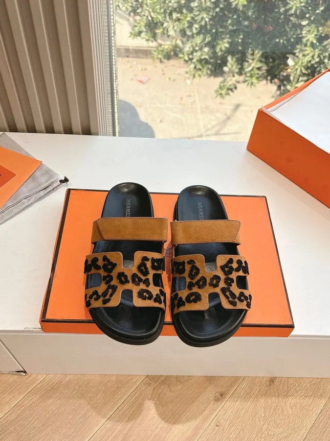 Hermes Women Tan Suede Leopard Print Slippers