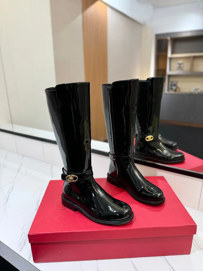 Valentino Women Black Patent Leather Tall Boots