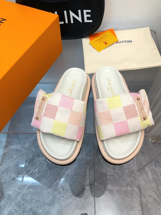 LV Women Pastel Checkered Fabric White Slide Sandals