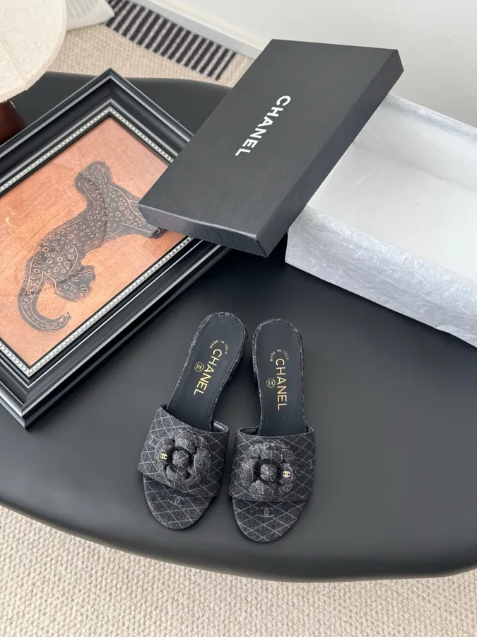 Chanel Women Black Fabric Quilted Mules
