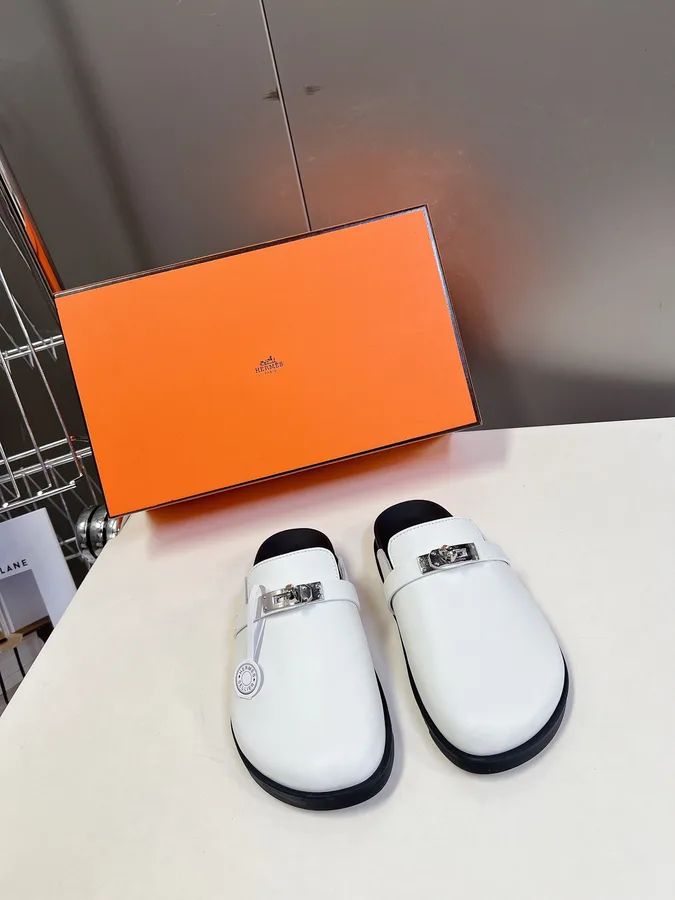 Hermes Women White Leather Mules